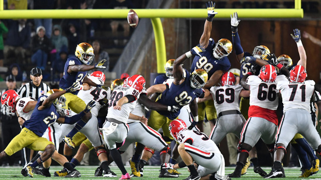 Sep 9, 2017; South Bend, IN, USA; Georgia Bulldogs kicker Rodrigo Blankenship (98) kicks the game winning field goal in the fourth quarter against the Notre Dame Fighting Irish at Notre Dame Stadium. Photo Credit: Matt Cashore-USA TODAY Sports