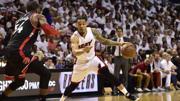 Gerald Green (14) drives to the basket as Toronto Raptors forward Patrick Patterson (54) defends during the third quarter in game three of the second round of the NBA Playoffs at American Airlines Arena. Photo Credit: Steve Mitchell-USA TODAY Sports
