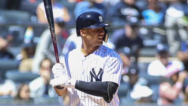 Apr 22, 2018; Bronx, NY, USA; New York Yankees second baseman Gleyber Torres (25) bats in the second inning against the Toronto Blue Jays at Yankee Stadium. Photo Credit: Wendell Cruz-USA TODAY Sports