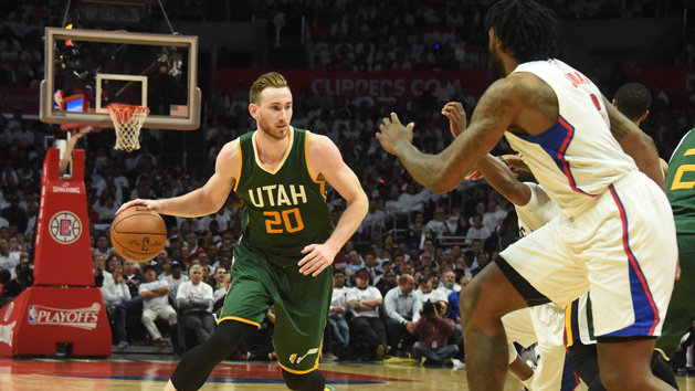 April 25, 2017; Los Angeles, CA, USA; Utah Jazz forward Gordon Hayward (20) moves the ball against Los Angeles Clippers center DeAndre Jordan (6) during the second half in game five of the first round of the 2017 NBA Playoffs at Staples Center. Photo Credit: Richard Mackson-USA TODAY Sports