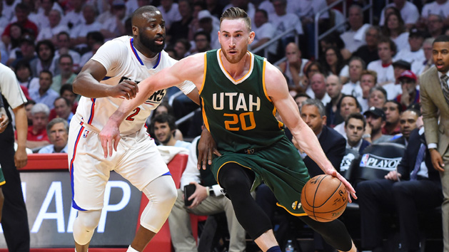 Apr 30, 2017; Los Angeles, CA, USA; Los Angeles Clippers guard Raymond Felton (2) defends Utah Jazz forward Gordon Hayward (20) as he drives to the basket in the second period of game seven of the first round of the 2017 NBA Playoffs at Staples Center. Photo Credit: Jayne Kamin-Oncea-USA TODAY Sports