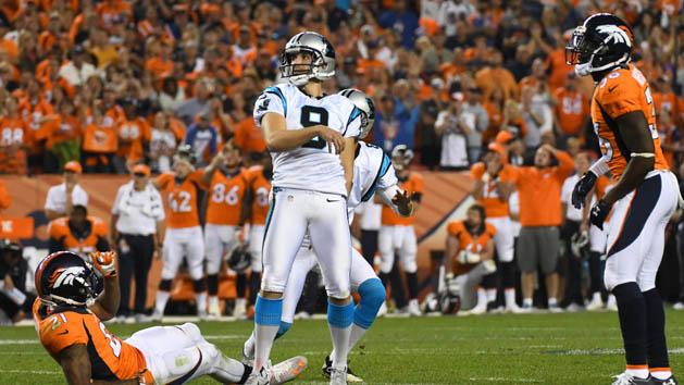Sep 8, 2016; Denver, CO, USA; Carolina Panthers kicker Graham Gano (9) misses a fifty yard field goal attempt in the fourth quarter against the Denver Broncos at Sports Authority Field at Mile High. The Broncos defeated the Panthers 21-20. Photo Credit: Ron Chenoy-USA TODAY Sports