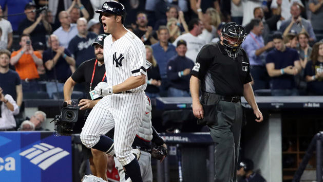 Oct 8, 2017; Bronx, NY, USA; New York Yankees first baseman Greg Bird (33) crosses the plate during the seventh inning against the Cleveland Indians in game three of the 2017 ALDS at Yankee Stadium. Photo Credit: Anthony Gruppuso-USA TODAY Sports