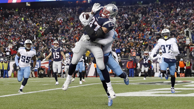 Jan 13, 2018; Foxborough, MA, USA; New England Patriots tight end Rob Gronkowski (87) makes a touchdown catch against Tennessee Titans free safety Kevin Byard (31) during the fourth quarter in the AFC Divisional playoff game at Gillette Stadium. Photo Credit: Winslow Townson-USA TODAY Sports