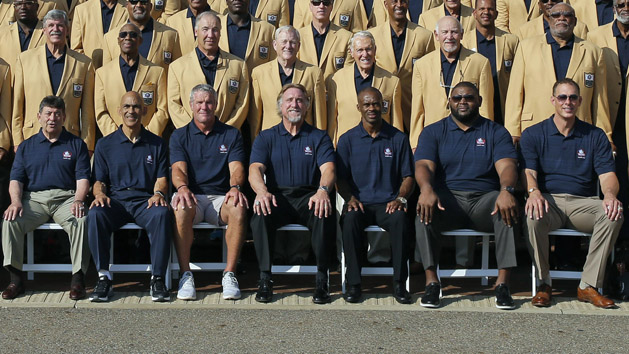 Aug 4, 2016; Canton, OH, USA; (From left to right) San Francisco 49ers owner Edward J. DeBartolo, Jr, Indianapolis Colts head coach Tony Dungy, former Green Bay Packers quarterback Brett Favre, linebacker Kevin Greene, Indianapolis Colts former wide receiver Marvin Harrison, Chicago Bears former tackle Orlando Pace, and Oakland Raiders former quarterback Ken Stabler take at group photo with other members as they pose for the official photo of the NFL Hall of Fame Class of 2016. Photo Credit: Rick Wood/Milwaukee Journal Sentinel via USA TODAY Network