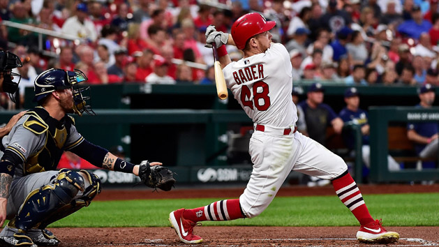 Aug 20, 2019; St. Louis, MO, USA; St. Louis Cardinals center fielder Harrison Bader (48) hits a triple off of Milwaukee Brewers starting pitcher Gio Gonzalez (not pictured) during the third inning at Busch Stadium. Photo Credit: Jeff Curry-USA TODAY Sports