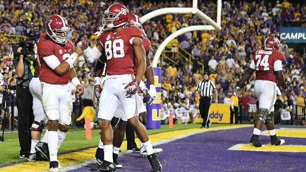 Nov 5, 2016; Baton Rouge, LA, USA; Alabama Crimson Tide quarterback Jalen Hurts (2) celebrates his touchdown with tight end O.J. Howard (88) against the LSU Tigers during the fourth quarter at Tiger Stadium. Photo Credit: John David Mercer-USA TODAY Sports