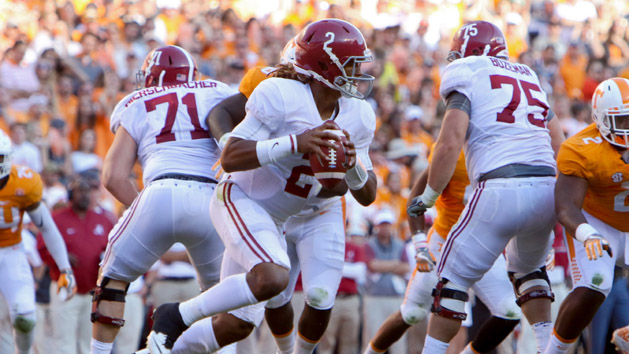 Oct 15, 2016; Knoxville, TN, USA; Alabama Crimson Tide quarterback Jalen Hurts (2) drops back to pass during the first half against the Tennessee Volunteers at Neyland Stadium. Mandatory Credit: Randy Sartin-USA TODAY Sports