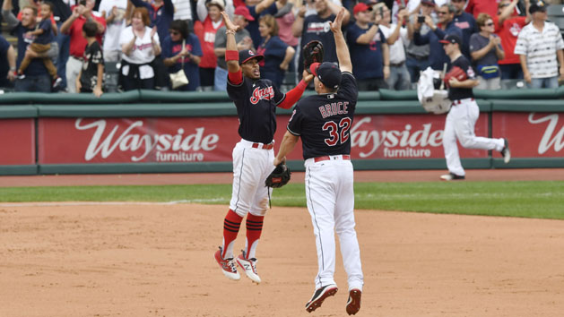 Sep 13, 2017; Cleveland, OH, USA; Cleveland Indians shortstop Francisco Lindor (12) and right fielder Jay Bruce (32) celebrate a win over the Detroit Tigers at Progressive Field. The Indians set an American League record with their 21st consecutive victory. Photo Credit: David Richard-USA TODAY Sports