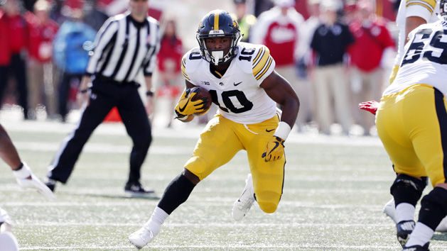 Oct 13, 2018; Bloomington, IN, USA; Iowa Hawkeyes running back Mekhi Sargent (10) runs with the ball against the Indiana Hoosiers during the fourth quarter at Memorial Stadium . Photo Credit: Brian Spurlock-USA TODAY Sports