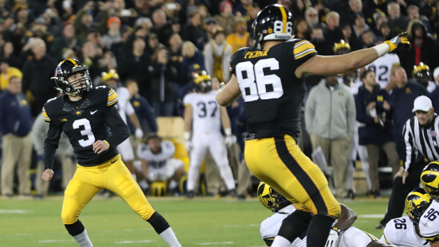 Nov 12, 2016; Iowa City, IA, USA; Iowa Hawkeyes place kicker Keith Duncan (3) watches his game winning field goal against the Michigan Wolverines at Kinnick Stadium. The Hawkeyes won 14-13. Photo Credit: Reese Strickland-USA TODAY Sports