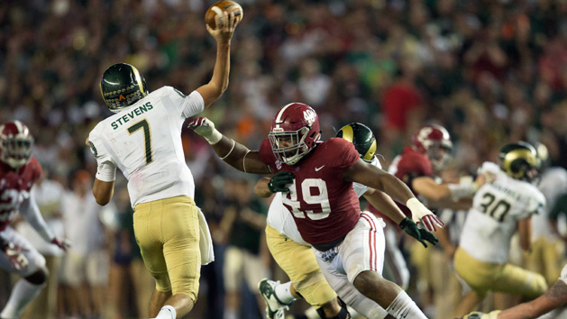 Sep 16, 2017; Tuscaloosa, AL, USA; Alabama Crimson Tide defensive lineman Isaiah Buggs (49) puts the pressure on Colorado State Rams quarterback Nick Stevens (7) at Bryant-Denny Stadium. Photo Credit: Marvin Gentry-USA TODAY Sports