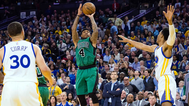 Mar 8, 2017; Oakland, CA, USA; Boston Celtics guard Isaiah Thomas (4) scores against Golden State Warriors guard Patrick McCaw (0) during the fourth quarter at Oracle Arena. The Boston Celtics defeated the Golden State Warriors 99-86. Photo Credit: Kelley L Cox-USA TODAY Sports