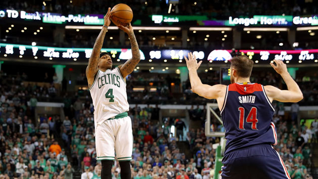 Apr 30, 2017; Boston, MA, USA; Boston Celtics guard Isaiah Thomas (4) shoots over Washington Wizards forward Jason Smith (14) during the second half of the Boston Celtics 123-111 win over the Washington Wizards in game one of the second round of the 2017 NBA Playoffs at TD Garden. Photo Credit: Winslow Townson-USA TODAY Sports