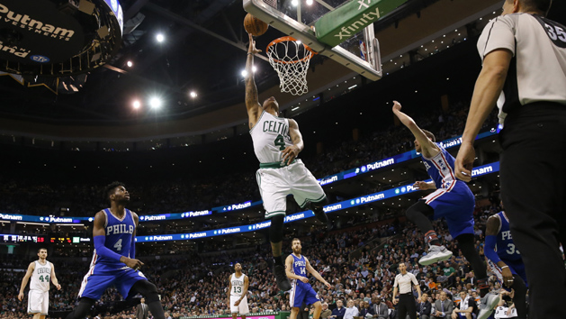 Feb 15, 2017; Boston, MA, USA; Boston Celtics guard Isaiah Thomas (4) drives to the basket against the Philadelphia 76ers in the second half at TD Garden. The Celtics defeated the 76ers 116-108. Photo Credit: David Butler II-USA TODAY Sports