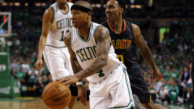 Apr 22, 2016; Boston, MA, USA; Boston Celtics guard Isaiah Thomas (4) drives the ball past Atlanta Hawks guard Jeff Teague (0) during the second quarter in game three of the first round of the NBA Playoffs at TD Garden. Mandatory Credit: David Butler II-USA TODAY Sports