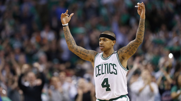 May 2, 2017; Boston, MA, USA; Boston Celtics point guard Isaiah Thomas (4) reacts after defeating the Washington Wizards in game two of the second round of the 2017 NBA Playoffs at TD Garden. Photo Credit: Greg M. Cooper-USA TODAY Sports