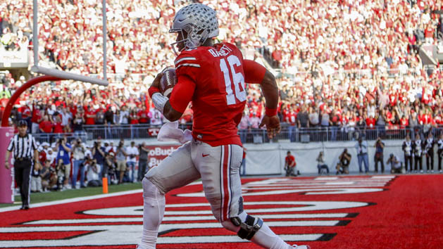 Oct 8, 2016; Columbus, OH, USA; Ohio State Buckeyes quarterback J.T. Barrett (16) takes in the touchdown run during the 2nd quarter against the Indiana Hoosiers at Ohio Stadium. Ohio State Buckeyes lead 24-10 at half. Photo Credit: Joe Maiorana-USA TODAY Sports
