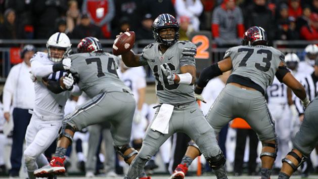 Oct 28, 2017; Columbus, OH, USA; Ohio State Buckeyes quarterback J.T. Barrett (16) throws a pass against the Penn State Nittany Lions in the second half at Ohio Stadium. Photo Credit: Aaron Doster-USA TODAY Sports