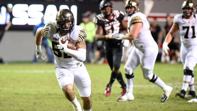 Nov 8, 2018; Raleigh, NC, USA; Wake Forest Demon Deacons tight end Jack Freudenthal (86) scores the game-winning touchdown during the second half against the North Carolina State Wolfpack at Carter-Finley Stadium. The Demon Deacons won 27-23. Photo Credit: Rob Kinnan-USA TODAY Sports