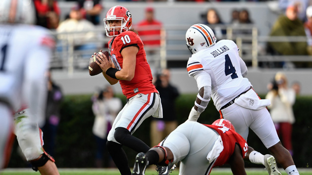 Nov 12, 2016; Athens, GA, USA; Georgia Bulldogs quarterback Jacob Eason (10) drops back to pass against the Auburn Tigers during the first quarter at Sanford Stadium. Photo Credit: Dale Zanine-USA TODAY Sports