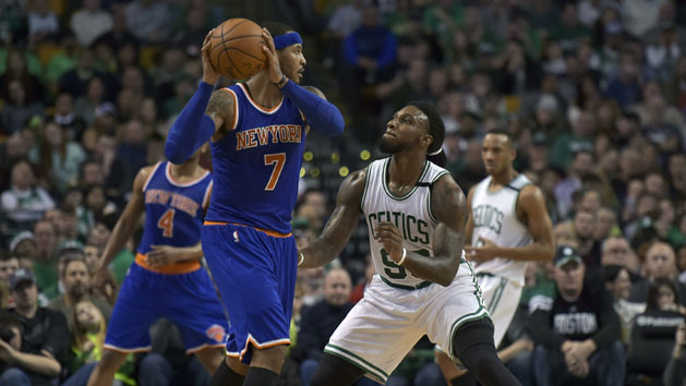 Dec 27, 2015; Boston, MA, USA; Boston Celtics forward Jae Crowder (99) guards New York Knicks forward Carmelo Anthony (7) during the second half at TD Garden. Mandatory Credit: Bob DeChiara-USA TODAY Sports