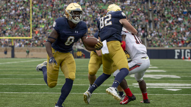 Sep 8, 2018; South Bend, IN, USA; Notre Dame Fighting Irish wide receiver Jafar Armstrong (8) runs for a touchdown in the first quarter against the Ball State Cardinals at Notre Dame Stadium. Photo Credit: Matt Cashore-USA TODAY Sports