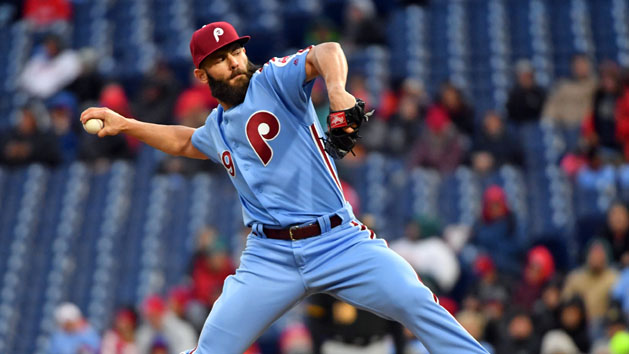 Apr 19, 2018; Philadelphia, PA, USA; Philadelphia Phillies starting pitcher Jake Arrieta (49) throws a pitch during the first inning against the Pittsburgh Pirates at Citizens Bank Park. Photo Credit: Eric Hartline-USA TODAY Sports