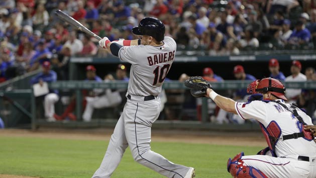 Jun 18, 2019; Arlington, TX, USA; Cleveland Indians left fielder Jake Bauers (10) hits a home run in the seventh inning against the Texas Rangers at Globe Life Park in Arlington. Photo Credit: Tim Heitman-USA TODAY Sports