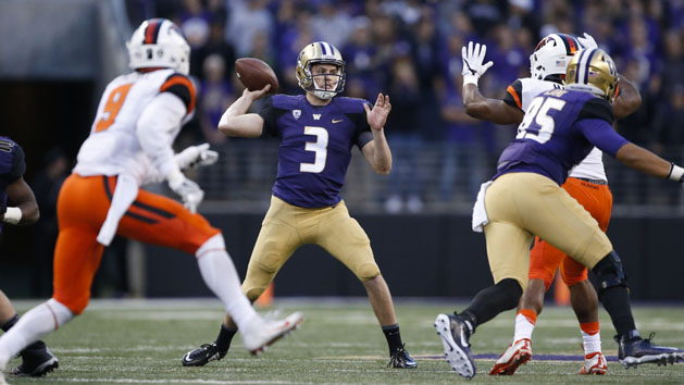 Oct 22, 2016; Seattle, WA, USA; Washington Huskies quarterback Jake Browning (3) releases a pass against the Oregon State Beavers during the third quarter at Husky Stadium. Washington won 41-17. Photo Credit: Jennifer Buchanan-USA TODAY Sports