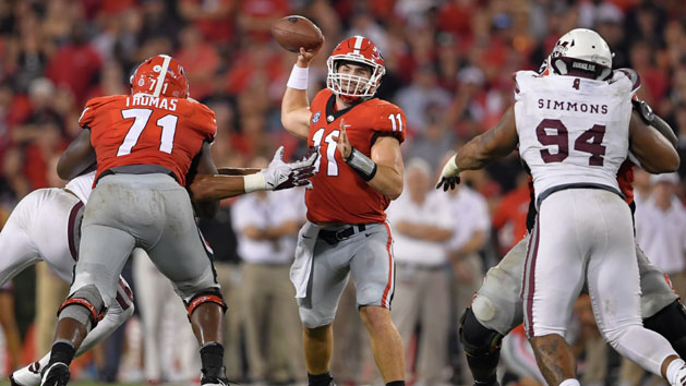 Sep 23, 2017; Athens, GA, USA; Georgia Bulldogs quarterback Jake Fromm (11) passes against the Mississippi State Bulldogs during the second half at Sanford Stadium. Mandatory Credit: Dale Zanine-USA TODAY Sports