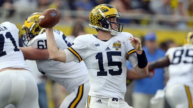 Jan 1, 2016; Orlando, FL, USA; Michigan Wolverines quarterback Jake Rudock (15) throws during the fourth quarter against the Florida Gators in the 2016 Citrus Bowl at Orlando Citrus Bowl Stadium. Michigan Wolverines defeated Florida Gators 41-7. Mandatory Credit: Tommy Gilligan-USA TODAY Sports