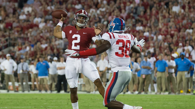 Sep 30, 2017; Tuscaloosa, AL, USA; Alabama Crimson Tide quarterback Jalen Hurts (2) looks to pass against the Mississippi Rebels during the first quarter at Bryant-Denny Stadium. Photo Credit: Marvin Gentry-USA TODAY Sports
