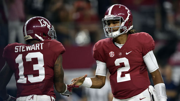 Sep 3, 2016; Arlington, TX, USA; Alabama Crimson Tide quarterback Jalen Hurts (2) celebrates with wide receiver ArDarius Stewart (13) during the third quarter against the USC Trojans at AT&T Stadium. Photo Credit: Jerome Miron-USA TODAY Sports