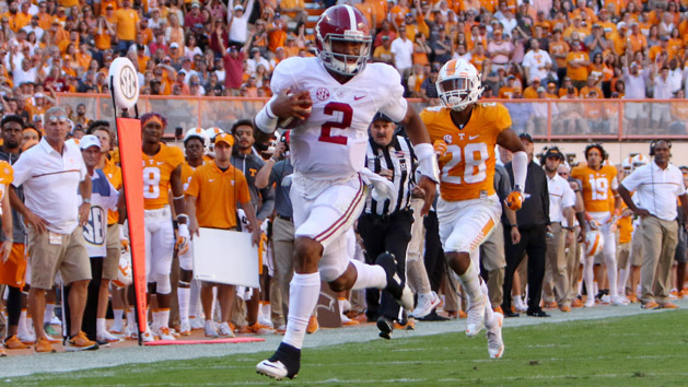 Oct 15, 2016; Knoxville, TN, USA; Alabama Crimson Tide quarterback Jalen Hurts (2) runs the ball against the Tennessee Volunteers during the first half at Neyland Stadium. Photo Credit: Randy Sartin-USA TODAY Sports