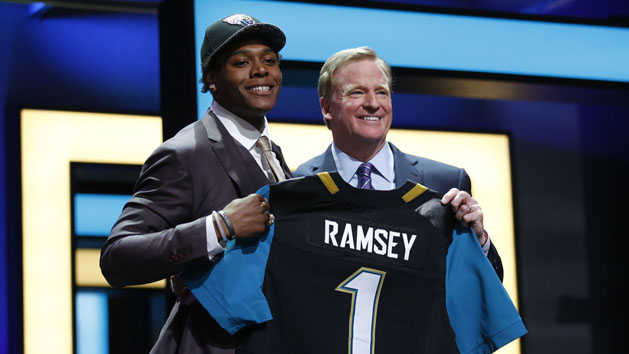 Apr 28, 2016; Chicago, IL, USA; Jalen Ramsey (Florida State) with NFL commissioner Roger Goodell after being selected by the Jacksonville Jaguars as the number five overall pick in the first round of the 2016 NFL Draft at Auditorium Theatre. Mandatory Credit: Kamil Krzaczynski-USA TODAY Sports