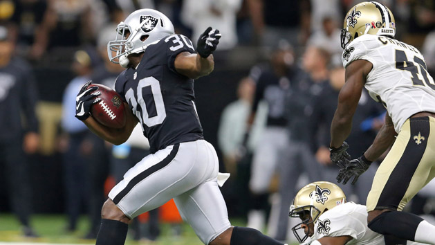 Sep 11, 2016; New Orleans, LA, USA; Oakland Raiders running back Jalen Richard (30) takes off on a 75-yard touchdown run against the New Orleans Saints during the fourth quarter at the Mercedes-Benz Superdome. The Raiders won 35-34. Mandatory Credit: Chuck Cook-USA TODAY Sports