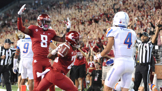 Sep 9, 2017; Pullman, WA, USA; Washington State Cougars wide receiver Tavares Martin Jr. (8) and running back Jamal Morrow (25) celebrate after a touchdown against the Boise State Broncos at Martin Stadium. Cougars won in triple overtime 47-44. Photo Credit: James Snook-USA TODAY Sports