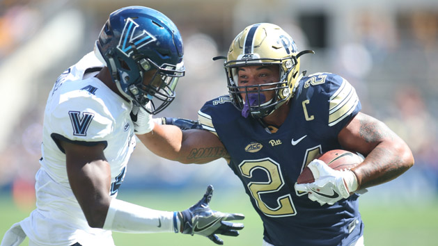 Sep 3, 2016; Pittsburgh, PA, USA; Pittsburgh Panthers running back James Conner (24) scores on a four yard touchdown run against defensive back Rob Rolle (4) during the second quarter at Heinz Field. Photo Credit: Charles LeClaire-USA TODAY Sports