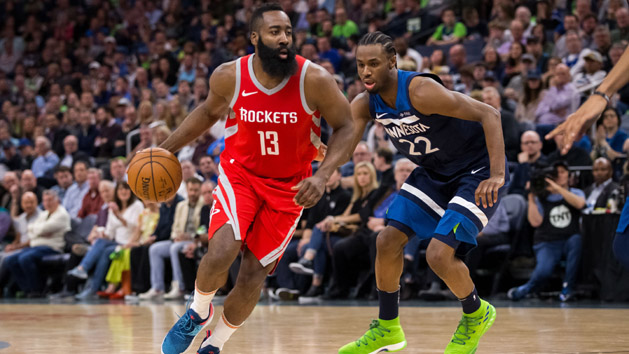 Apr 23, 2018; Minneapolis, MN, USA; Houston Rockets guard James Harden (13) dribbles in the second quarter against Minnesota Timberwolves guard Andrew Wiggins (22) in game four of the first round of the 2018 NBA Playoffs at Target Center. Photo Credit: Brad Rempel-USA TODAY Sports