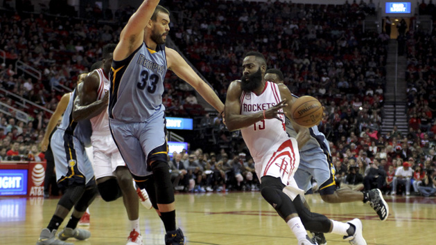 Mar 4, 2017; Houston, TX, USA; Houston Rockets guard James Harden (13) drives to the basket while Memphis Grizzlies center Marc Gasol (33) defends during the first quarter at Toyota Center. Photo Credit: Erik Williams-USA TODAY Sports