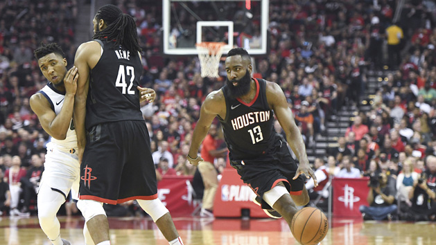 May 8, 2018; Houston, TX, USA; Houston Rockets guard James Harden (13) dribbles as center Nene Hilario (42) sets a pick against Utah Jazz guard Raul Neto (25) in the second half in game five of the second round of the 2018 NBA Playoffs at Toyota Center. Photo Credit: Thomas B. Shea-USA TODAY Sports
