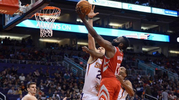 Nov 16, 2017; Phoenix, AZ, USA; Houston Rockets guard James Harden (13) puts up a layup over Phoenix Suns center Alex Len (21) during the second half at Talking Stick Resort Arena. Photo Credit: Joe Camporeale-USA TODAY Sports