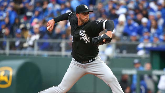 Mar 29, 2018; Kansas City, MO, USA; Chigago White Sox starting pitcher James Shields (33) pitches against the Kansas City Royals in the first inning at Kauffman Stadium. Photo Credit: Jay Biggerstaff-USA TODAY Sports