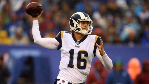 Nov 5, 2017; East Rutherford, NJ, USA; Los Angeles Rams quarterback Jared Goff (16) looks to pass against the New York Giants during the second quarter at MetLife Stadium. Photo Credit: Danny Wild-USA TODAY Sports