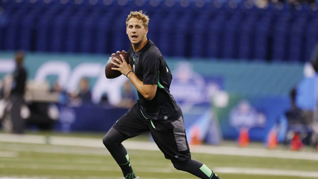 Feb 27, 2016; Indianapolis, IN, USA; California Golden Bears quarterback Jared Goff throws a pass during the 2016 NFL Scouting Combine at Lucas Oil Stadium. Mandatory Credit: Brian Spurlock-USA TODAY Sports