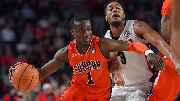 Feb 10, 2018; Athens, GA, USA; Auburn Tigers guard Jared Harper (1) dribbles past Georgia Bulldogs guard Juwan Parker (3) during the first half at Stegeman Coliseum. Photo Credit: Dale Zanine-USA TODAY Sports