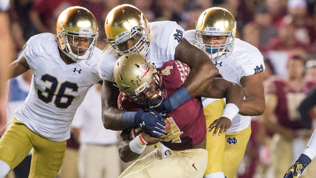 Jarron Jones (94, making tackle) is expected to miss the 2015 season. Matt Cashore-USA TODAY Sports