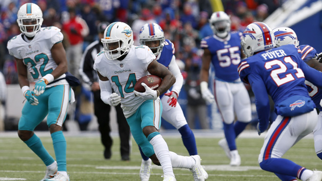 Dec 17, 2017; Orchard Park, NY, USA; Miami Dolphins wide receiver Jarvis Landry (14) runs the ball after a catch during the first half against the Buffalo Bills at New Era Field. Photo Credit: Timothy T. Ludwig-USA TODAY Sports