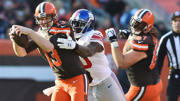 Nov 27, 2016; Cleveland, OH, USA; New York Giants defensive end Jason Pierre-Paul (90) sacks Cleveland Browns quarterback Josh McCown (13) during the first half at FirstEnergy Stadium. Photo Credit: Ken Blaze-USA TODAY Sports